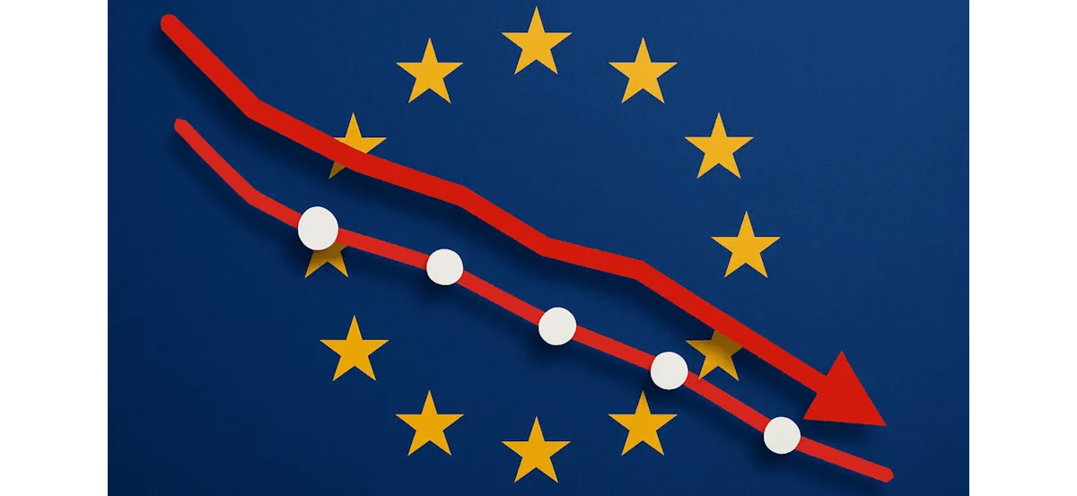 La tasa de natalidad y sus consecuencias en occidente. Bandera de la UE y gráfica descendente
