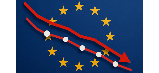 La tasa de natalidad y sus consecuencias en occidente. Bandera de la UE y gráfica descendente